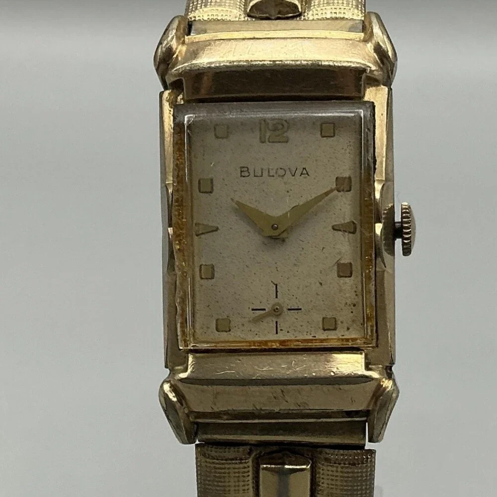 Vintage Bulova Mens Watch 22mm 10K Rolled Gold Plated Stretch Band Manual Wind